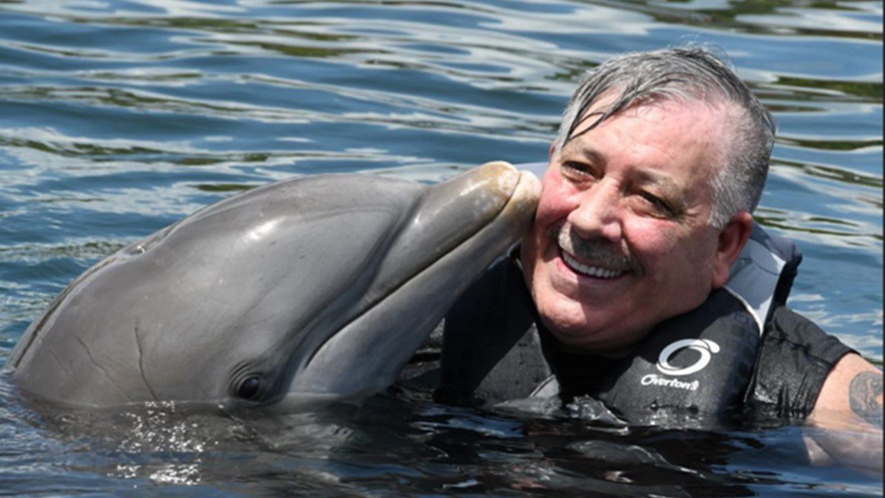 Man swimming with a dolphin